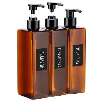 Segbeauty Shampoo Bottles, 3pcs 16.9oz Empty Refillable Pump Dispenser with Labels, 500ml Plastic Reusable Press Lotion Containers for Bathroom Hotel Liquid Soap Body Wash Hand Soap Conditioner Clear