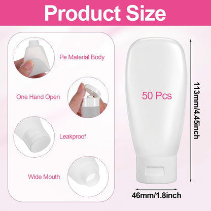 50 Pcs 2oz Plastic Squeeze Tubes, Travel Bottles for Toiletries 2 oz Plastic Refillable Cosmetic Squeeze Bottles Leak Proof Travel Size for Shampoo Conditioner Lotion