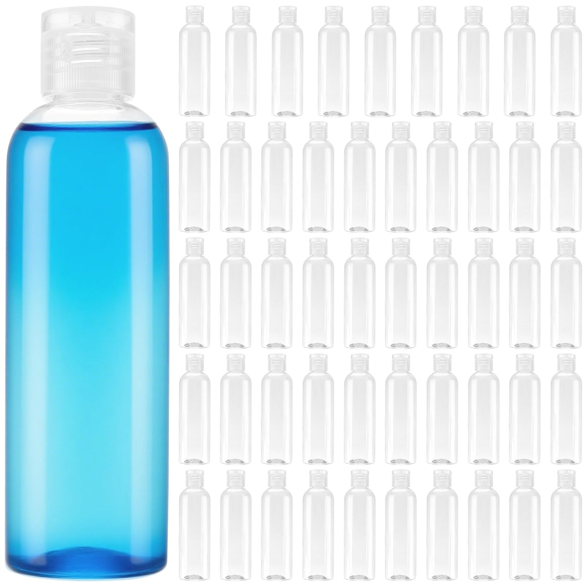 MOUYAT 50 Pack 4oz Clear Plastic Flip Cap Bottles, 120ml Empty Small Squeeze Travel Size Bottles, Mini Refillable Flip Cap Travel Size Sample Containers for Lotion, Cream and Toiletries