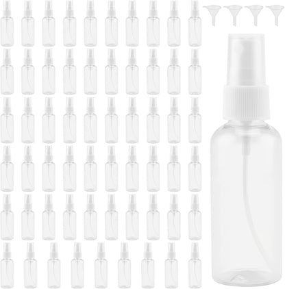 MANCHAP 60 Pack 2oz Plastic Travel Spray Bottles with Caps, Clear Mini Fine Mist Spray Bottles with 4 Funnels, Travel Size Refillable Containers for Essence, Hair Spray, Toner