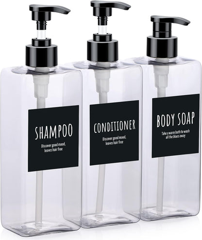 Segbeauty Shampoo Bottles, 3pcs 16.9oz Empty Refillable Pump Dispenser with Labels, 500ml Plastic Reusable Press Lotion Containers for Bathroom Hotel Liquid Soap Body Wash Hand Soap Conditioner Clear