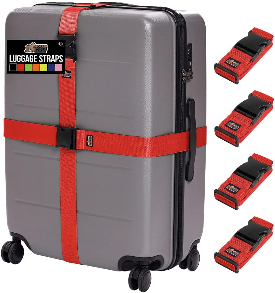 GORILLA GRIP Heavy Duty Luggage Straps for Suitcase, 4 Pack, Red