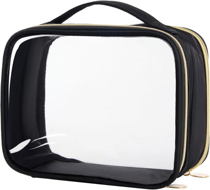 Yarnic Clear Travel Makeup Bag Transparent Cosmetic Pouch Portable Toiletry Bags Two Compartments Cosmetic Bag with Handle Nylon and PVC Make up Organizer