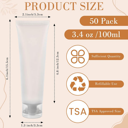 100 Ml/3.4 oz 50 Pcs Empty Refillable Squeeze Tubes,Transparent Cap