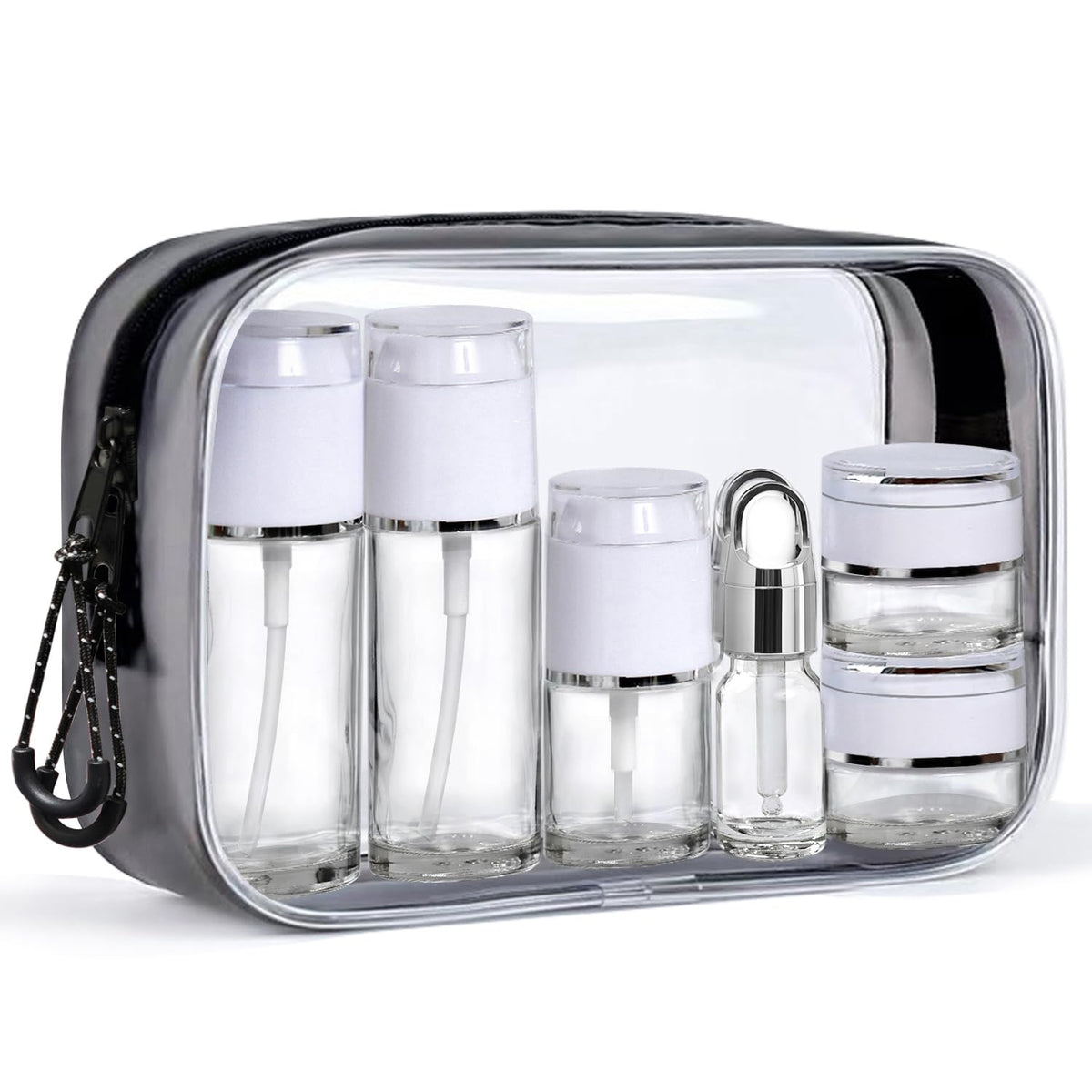 Glass Travel Bottles for Toiletries, TSA Approved, Leak Proof Refillable Travel Size Containers with Pump Spray Dropper Jars for Skincare Lotion Cream or Shampoo