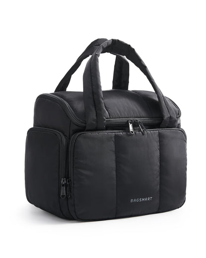 BAGSMART Travel Toiletry Bag for Women with Puffy Water-Resistant Fabric, Roomy Makeup Bag Organizer for Travel-Sized Toiletries & Accessories, Black