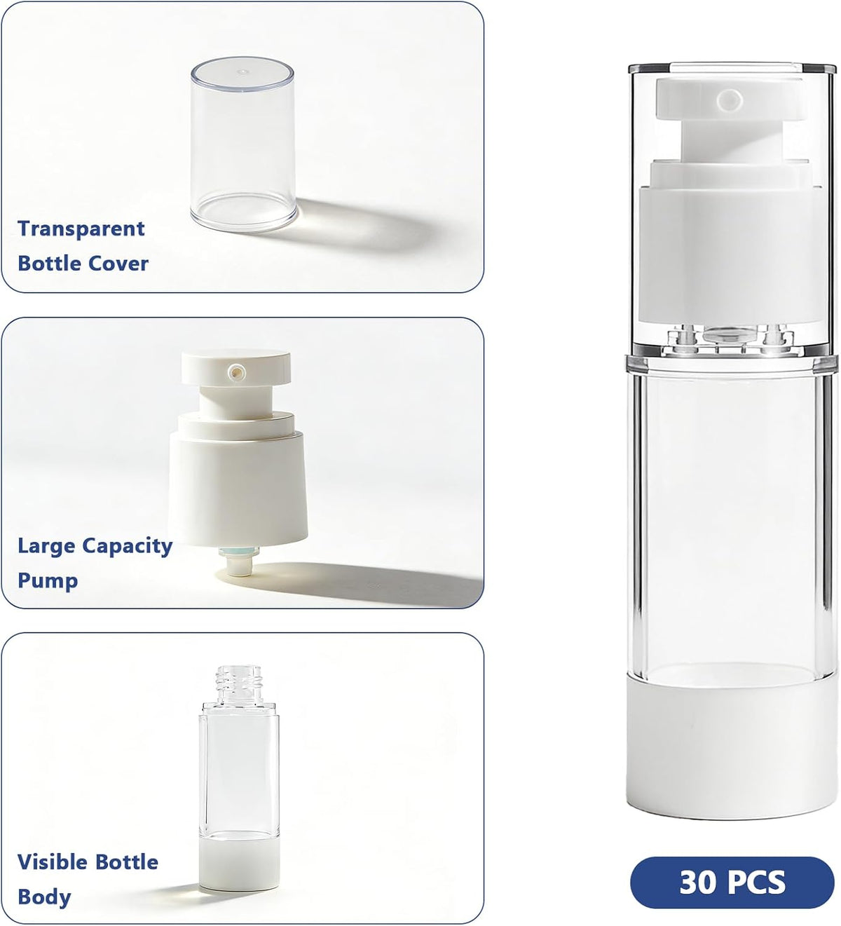 30 Pcs Clear Airless Pump Bottles Refillable Cosmetic Travel Size Dispenser Vacuum Plastic Travel Bottles Empty Lotion Pump Dispenser Liquid Toiletry Container
