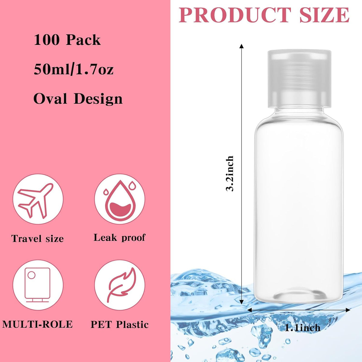 100 Pcs 1 OZ Travel Bottles with Flip Cap - 30 ml Clear Plastic Travel Size Containers, Portable Leak Proof Squeeze Bottles Refillable Empty Cosmetic Containers for Liquid Shampoo Lotion, Clear
