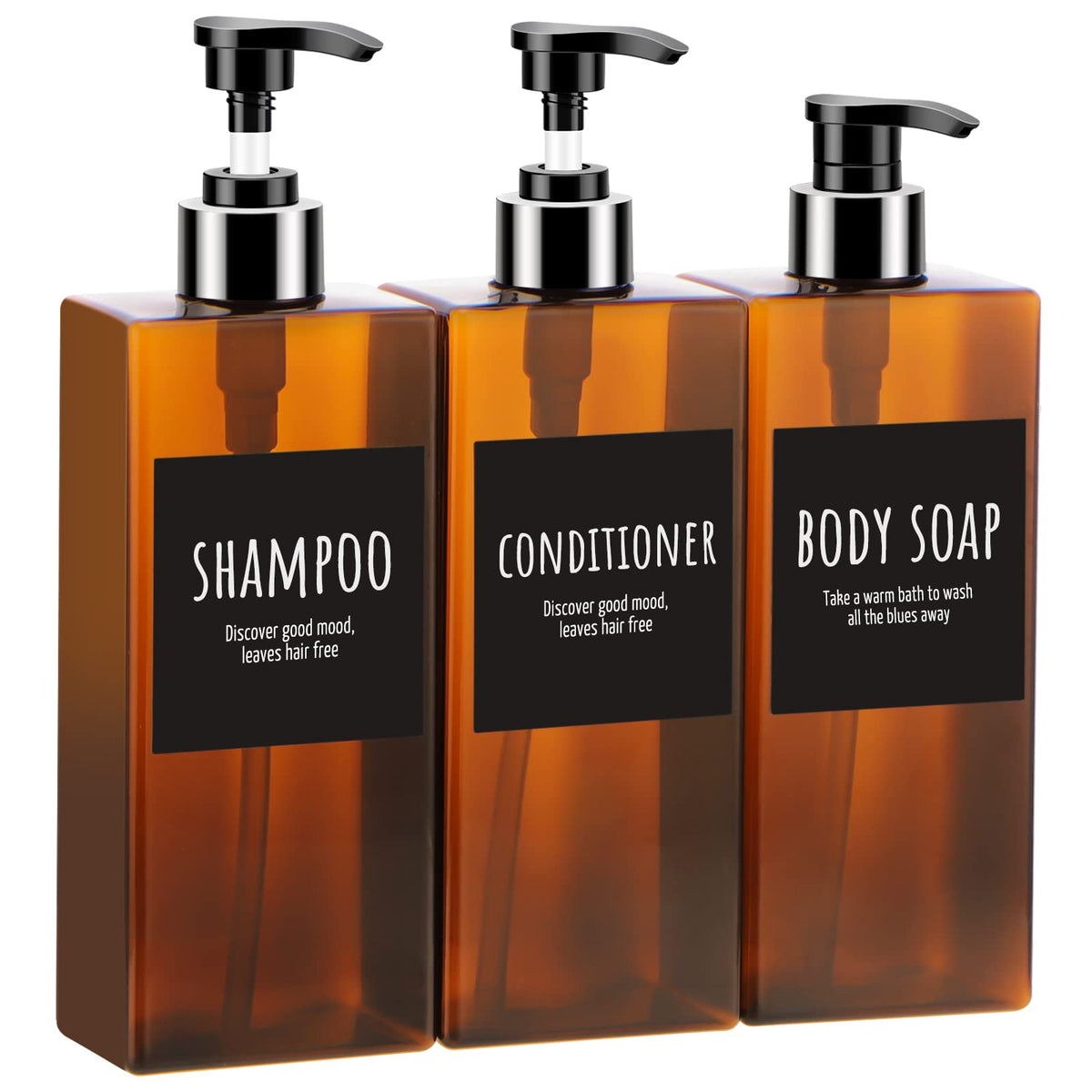 Segbeauty Shampoo Bottles, 3pcs 16.9oz Empty Refillable Pump Dispenser with Labels, 500ml Plastic Reusable Press Lotion Containers for Bathroom Hotel Liquid Soap Body Wash Hand Soap Conditioner Clear