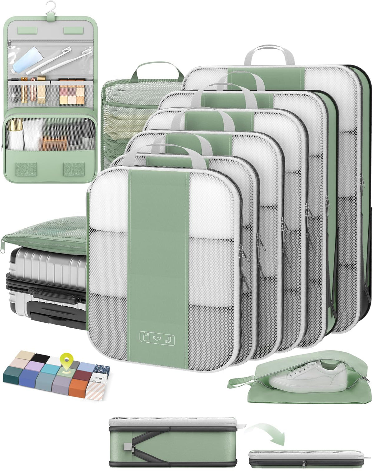 OlarHike 8 Set Compression Packing Cubes for Travel Gifts Mom Women,Airplane/Car/Cruise Travel Essentials,Compressible Expandable Space Saver Bags,Garment Bags with Over 1000 pcs Mesh Holes(Beige)