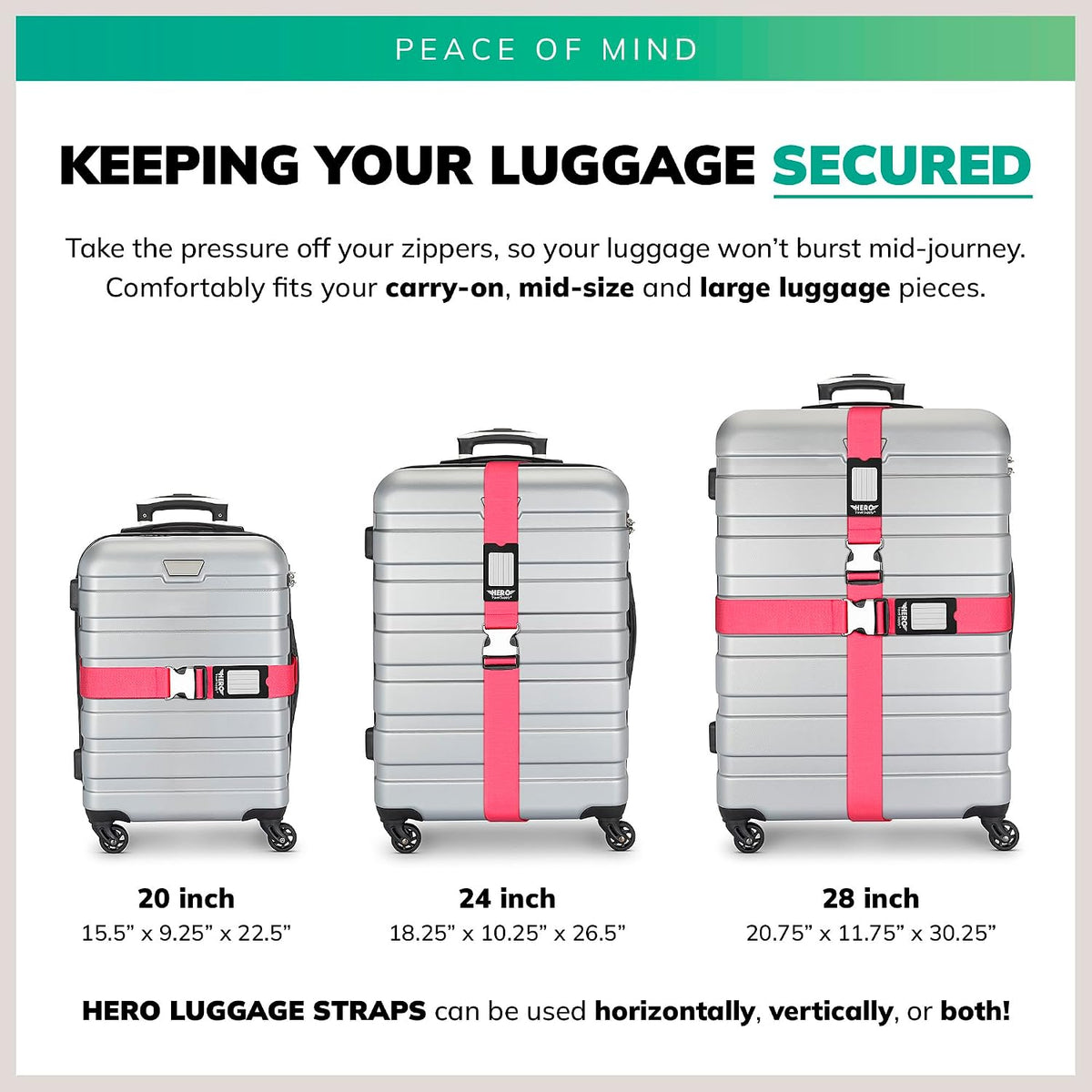 Hero Luggage Straps for Suitcases (2-Pack), Heavy-Duty Adjustable Bag Belts