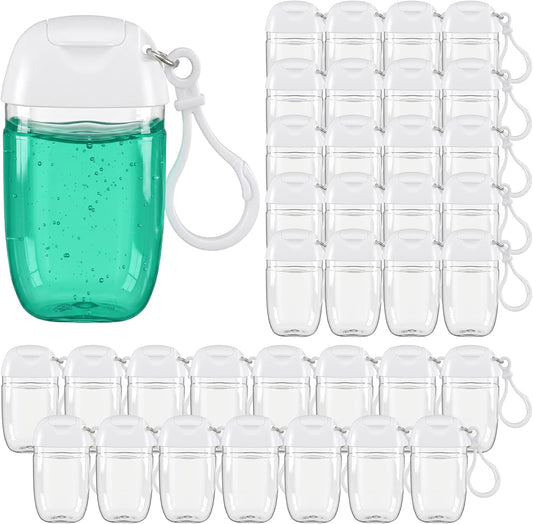 32 Pcs Refillable Cosmetic Bottles, 30ml Empty Containers Mini Hand Dispensers with Flip Cap, Clear PET Plastic Travel Bottles for Lotions Creams Shampoo, with White Keychain Hook