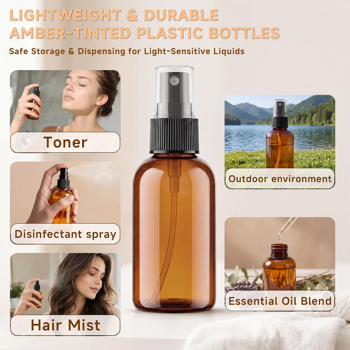 2 oz Amber Small Spray Bottle, Empty Spray Bottles plastic spray bottles Fine Mist Spray for Hair, Travel, Plants, Cleaning Solutions and Skin Care (24)