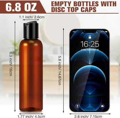 Mimorou 30 Pack Amber Empty Bottles Plastic Squeeze Bottles with Disc Top Flip Cap Small Empty Travel Squeeze Bottle for Lotions Liquid Body Soap Conditioner Creams(6.8 oz)
