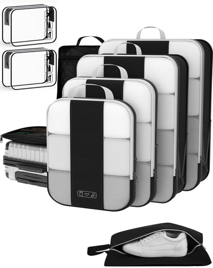 OlarHike 8 Set Compression Packing Cubes for Travel Gifts Mom Women,Airplane/Car/Cruise Travel Essentials,Compressible Expandable Space Saver Bags,Garment Bags with Over 1000 pcs Mesh Holes(Beige)