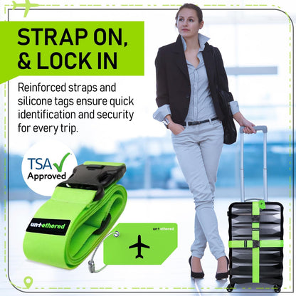 Untethered Travel Set: Luggage Straps & Silicone Tags, 4-Pack, Green
