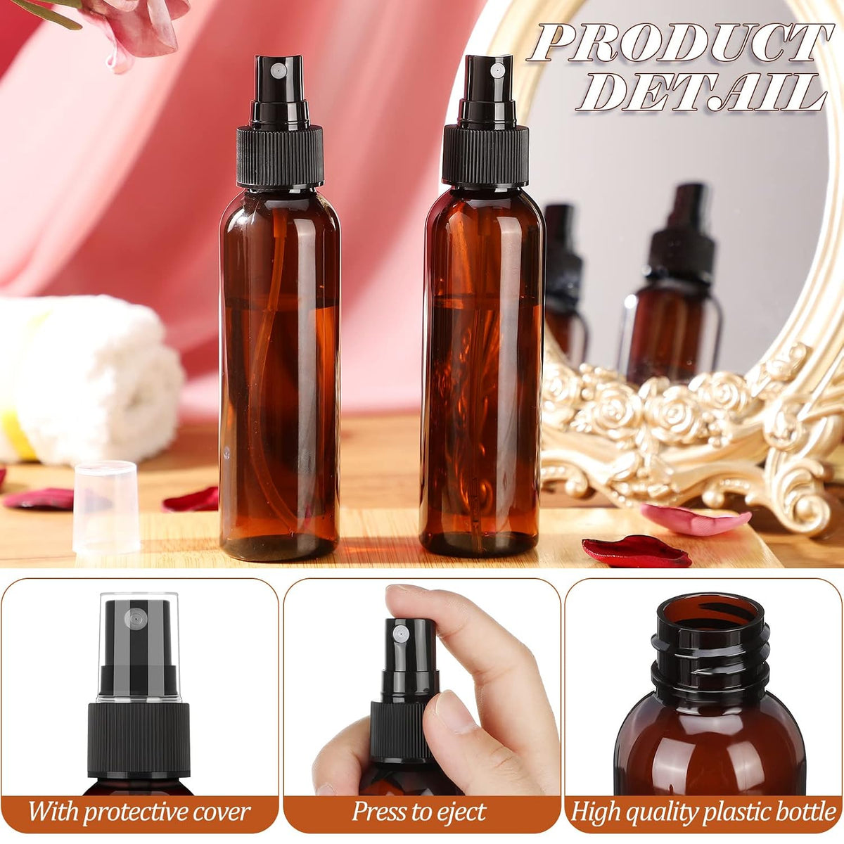 Nuogo 90 Pack 4 oz Plastic Mini Spray Bottles Refillable Travel Size, Amber