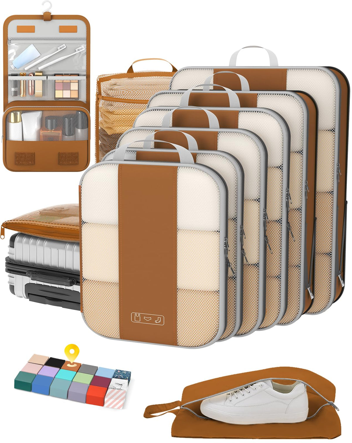 OlarHike 8 Set Compression Packing Cubes for Travel Gifts Mom Women,Airplane/Car/Cruise Travel Essentials,Compressible Expandable Space Saver Bags,Garment Bags with Over 1000 pcs Mesh Holes(Beige)