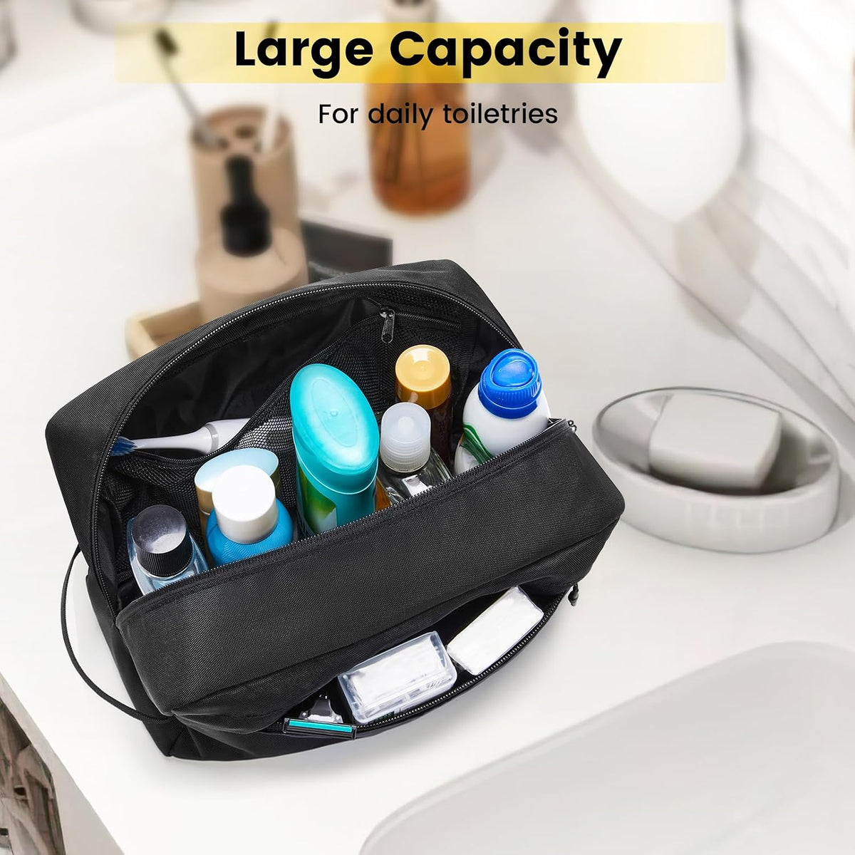 Vorspack Water Resistant Travel Toiletry Bag for Men Women - Large & Black