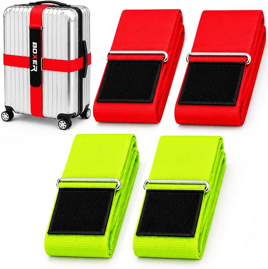 BXR TravelGrip Luggage Straps - 4 Pack Travel Luggage Straps, Heavy Duty Cinch Strap, Easy to Use and Adjust - TSA Approved (Red - Neon Gren)