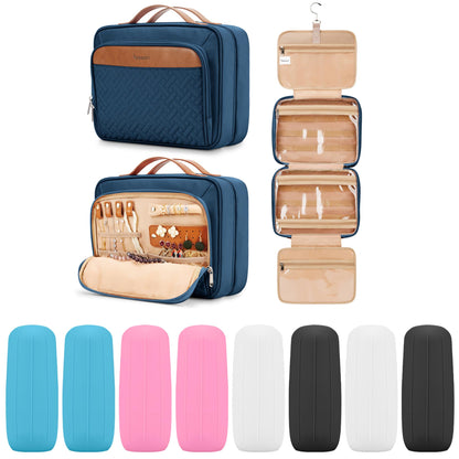 COOSKY Travel Hanging Toiletry Bag for Women, Cruise Ship Essentials, with Jewelry Organizer, Extra Large Makeup Dopp Kit, Waterproof Cosmetic Bags, Toiletries Kit Set with Trolley Belt, Blue