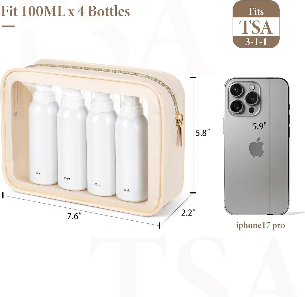 Clear Toiletry Bag, TSA Approved Makeup Bag, 3 Pack, Beige