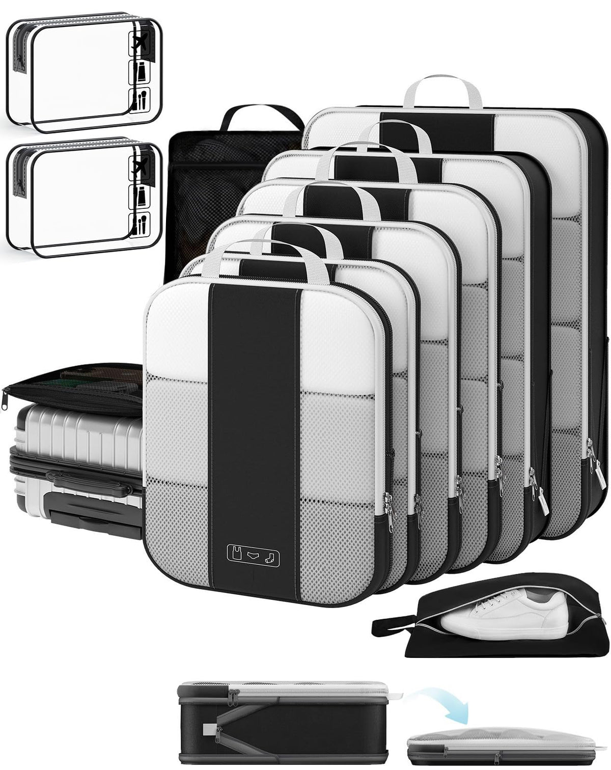 OlarHike 8 Set Compression Packing Cubes for Travel Gifts Mom Women,Airplane/Car/Cruise Travel Essentials,Compressible Expandable Space Saver Bags,Garment Bags with Over 1000 pcs Mesh Holes(Beige)