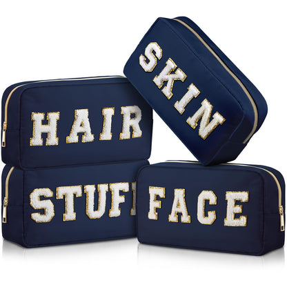 Preppy Makeup Bags Chenille Letter Stuff Bag Nylon Cosmetic Pouch Cases with Zipper for Women Travel Toiletry(Brown Set,Classic,4 Pcs)