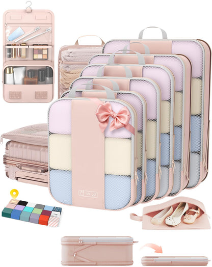OlarHike 8 Set Compression Packing Cubes for Travel Gifts Mom Women,Airplane/Car/Cruise Travel Essentials,Compressible Expandable Space Saver Bags,Garment Bags with Over 1000 pcs Mesh Holes(Beige)
