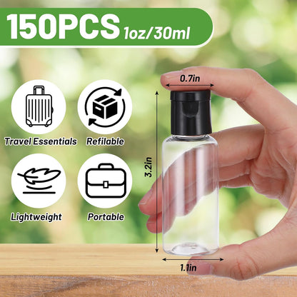 150 Pcs 1oz Small Travel Bottles, Clear Plastic Refillable Empty Containers with Black Cap for Shampoo, Lotion, Body Soap, Cream, Toiletries, Leak Proof Squeeze Bottles