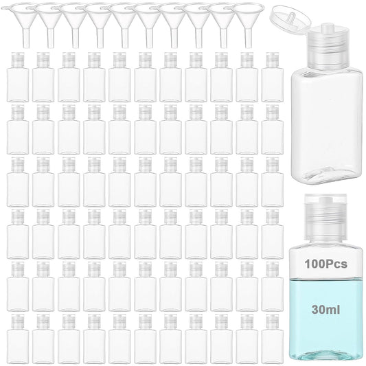 100 Pcs 30 ml/1 oz Travel Bottles with 10 Funnels, Mini Clear Plastic Empty Bottle with Flip Cap Portable Refillable Containers for Shampoo, Shower Gel, Lotion, Emulsion, Foundation