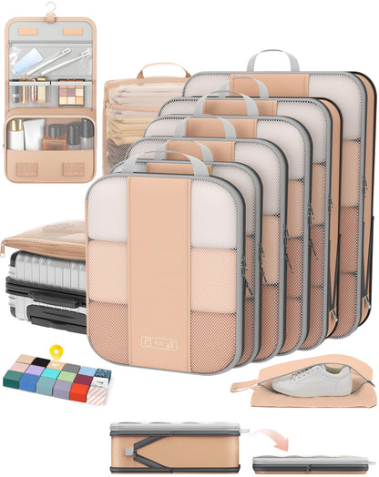 OlarHike 8 Set Compression Packing Cubes for Travel Gifts Mom Women,Airplane/Car/Cruise Travel Essentials,Compressible Expandable Space Saver Bags,Garment Bags with Over 1000 pcs Mesh Holes(Beige)