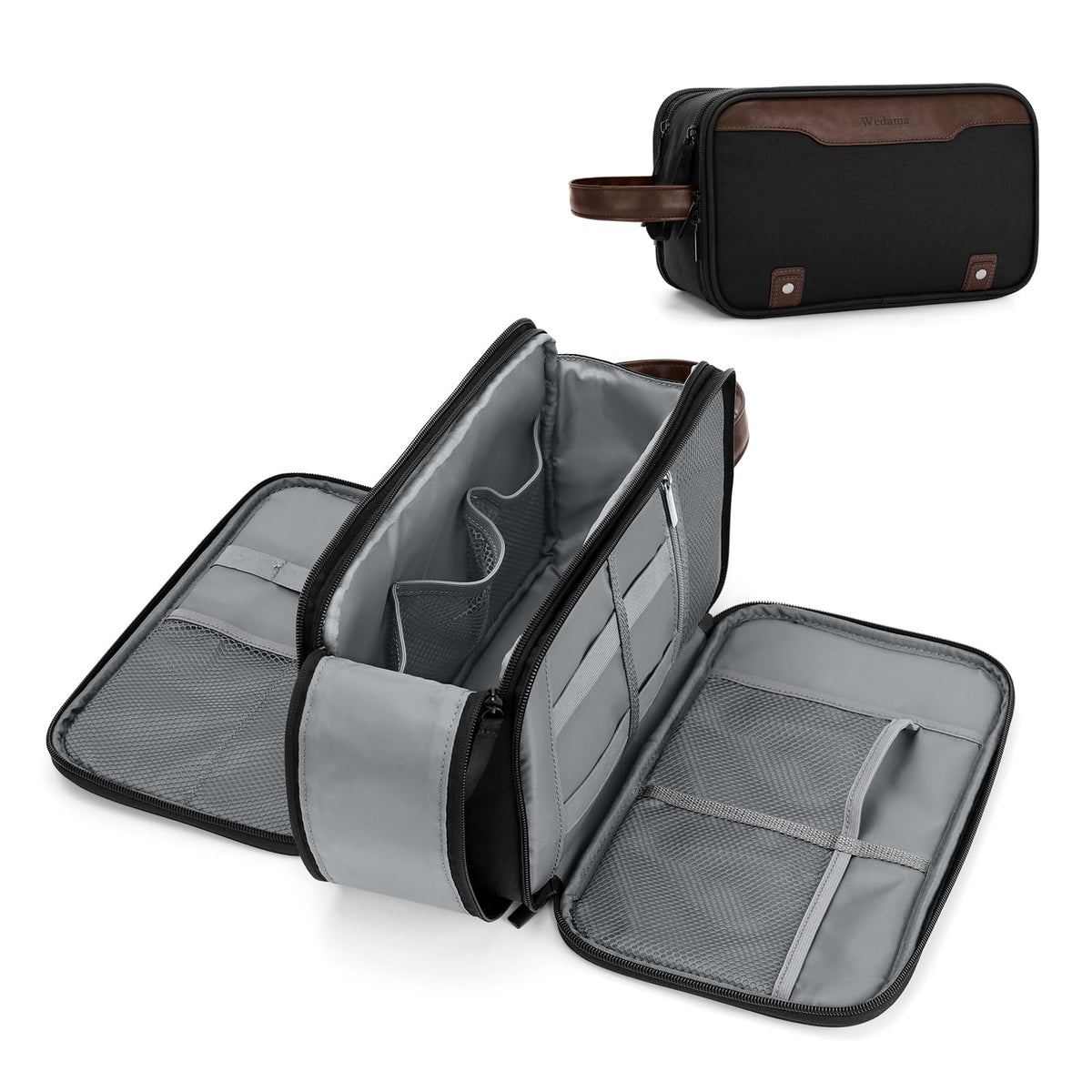 Wedama Toiletry Bag for Men, Medium Hanging Travel Toiletry Bag, Extra Electronic Organizer Bag Waterproof Travel Bag for Toiletries with PU Handle for Travel Business Trips Swim Camping, Black&Brown
