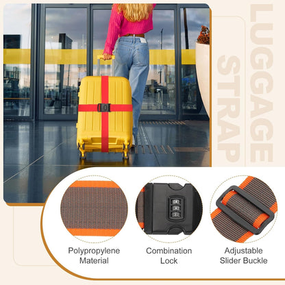 MECCANIXITY Luggage Straps with Combination Lock Adjustable Suitcase Belt Strap for Suitcase Briefcase Backpack Travel, Gray-Orange, Pack of 4