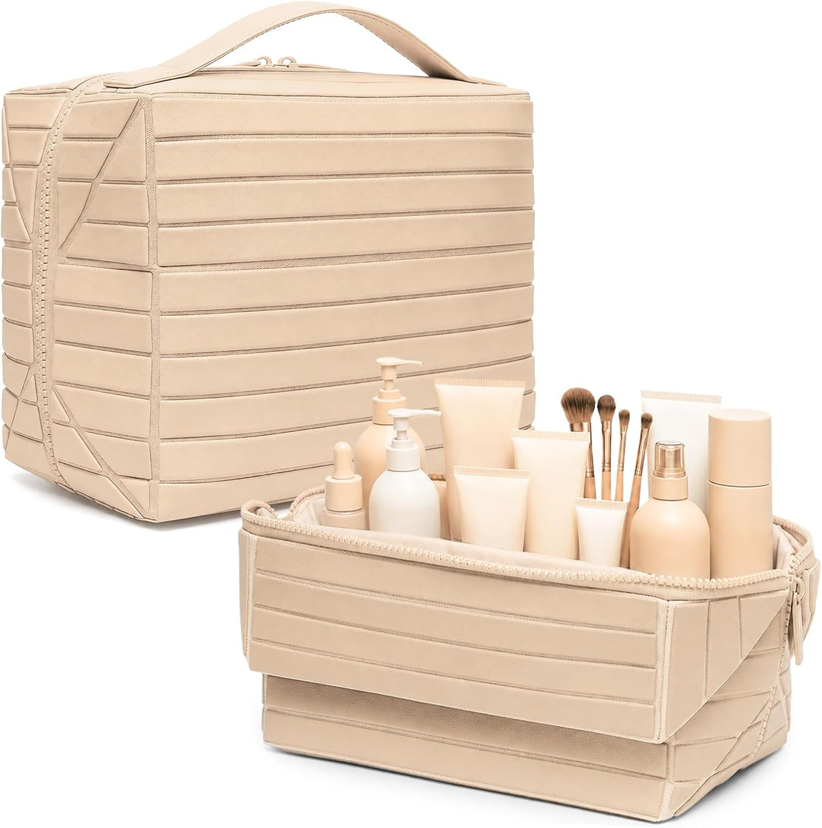 Travel Makeup Bag, Fold Down Stand Up Organizer with Dividers