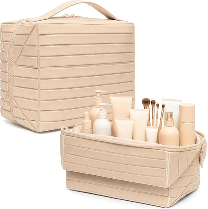 Travel Makeup Bag, Fold Down Stand Up Organizer with Dividers