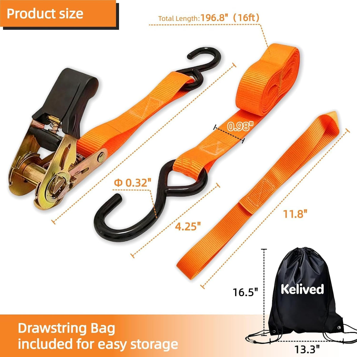 Ratchet Tie Down Straps 8PK, 1in x 16ft, 1740lb Break Strength