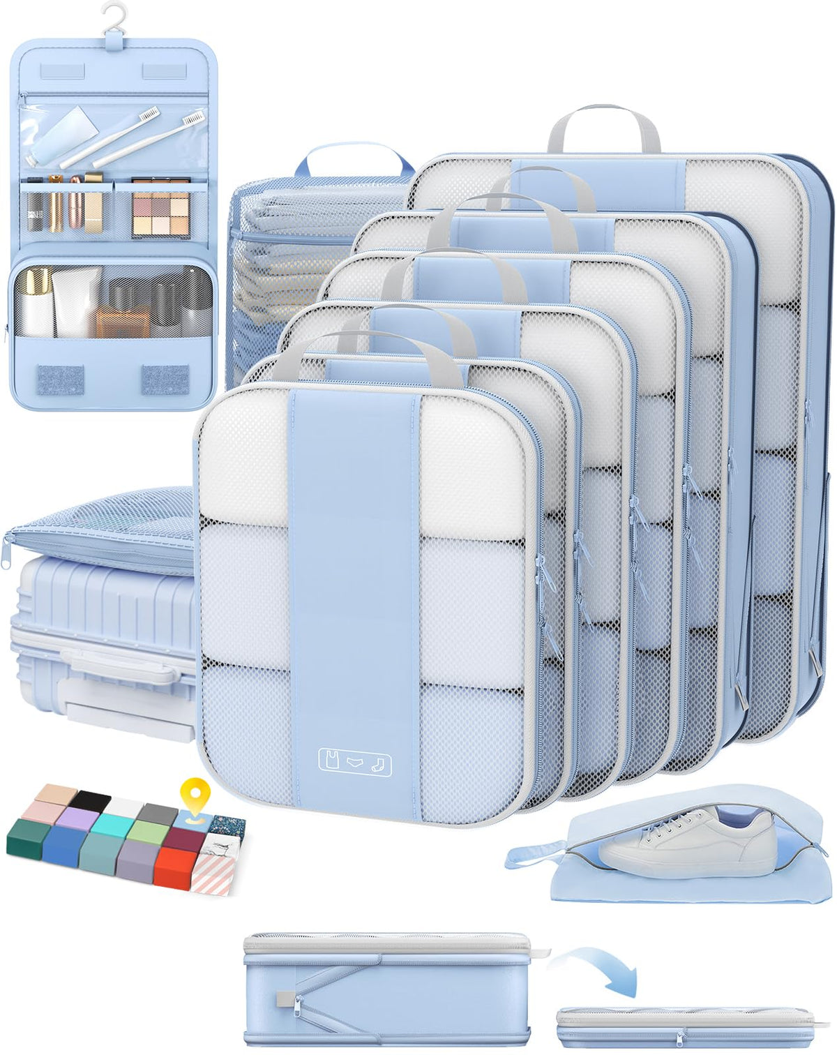 OlarHike 8 Set Compression Packing Cubes for Travel Gifts Mom Women,Airplane/Car/Cruise Travel Essentials,Compressible Expandable Space Saver Bags,Garment Bags with Over 1000 pcs Mesh Holes(Beige)