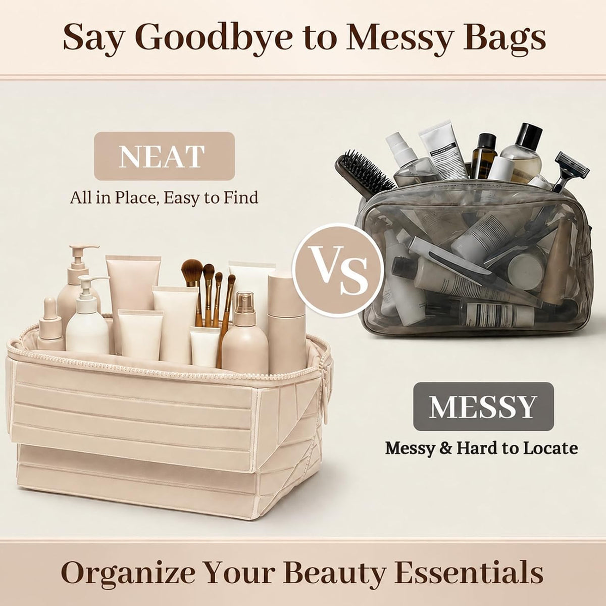 Travel Makeup Bag, Fold Down Stand Up Organizer with Dividers
