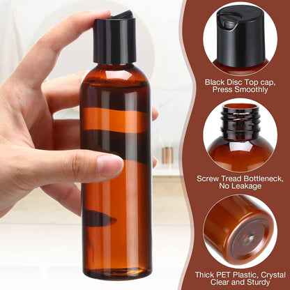 Mimorou 30 Pack Amber Empty Bottles Plastic Squeeze Bottles with Disc Top Flip Cap Small Empty Travel Squeeze Bottle for Lotions Liquid Body Soap Conditioner Creams(6.8 oz)