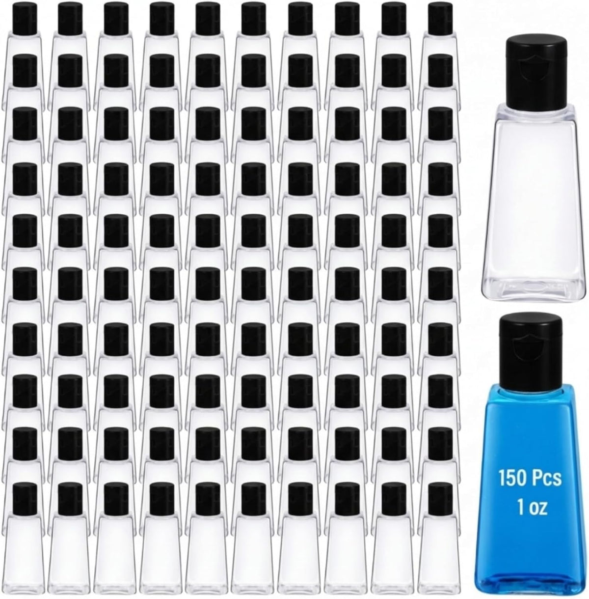 LemonRoad 150 Pcs 1 oz Travel Bottles Flip Cap Empty Bulk, Black Lid