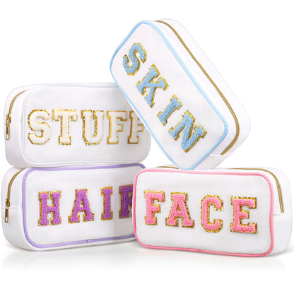 Preppy Makeup Bags Chenille Letter Stuff Bag Nylon Cosmetic Pouch Cases with Zipper for Women Travel Toiletry(Brown Set,Classic,4 Pcs)