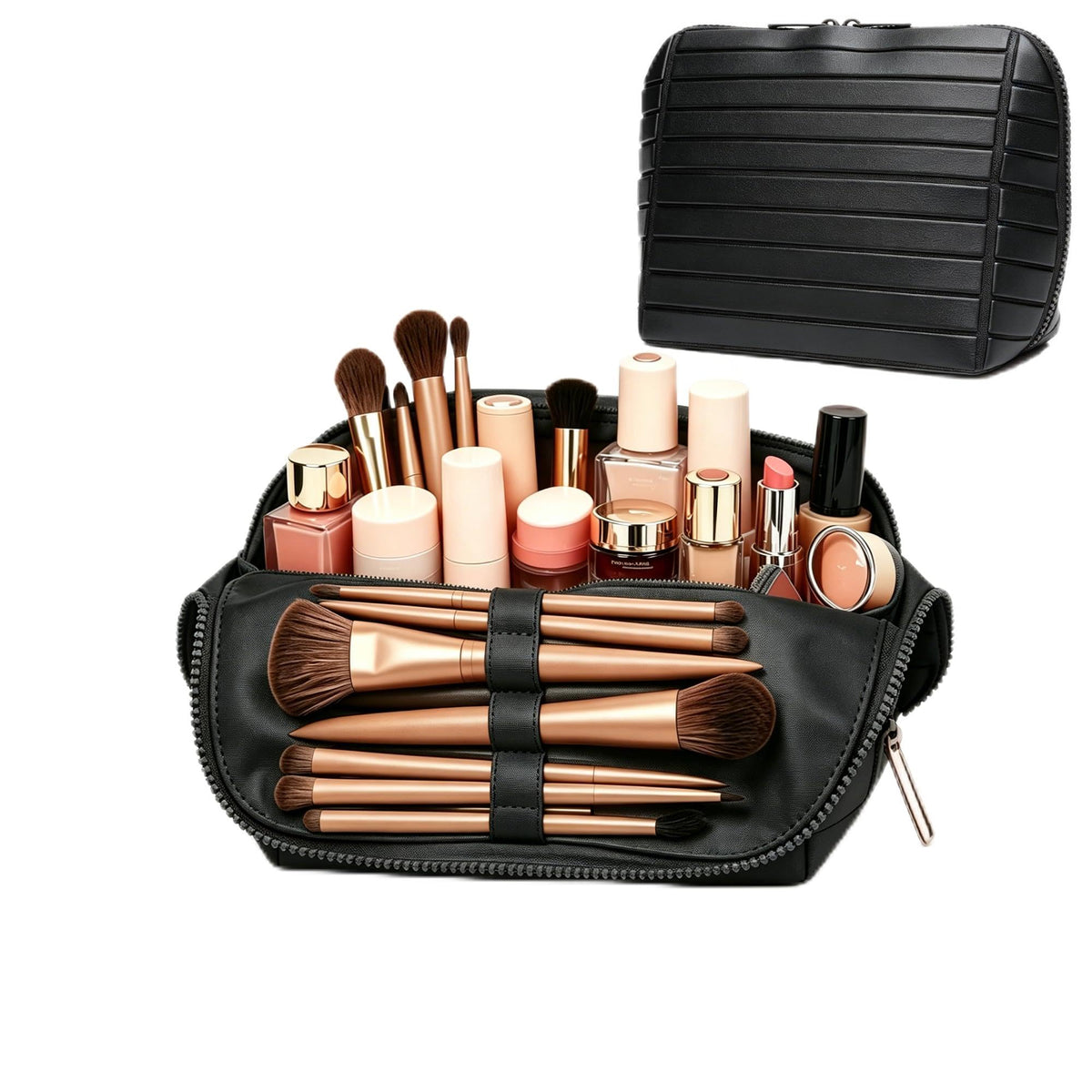 Travel parallel vertical Makeup Bag with Fold-Down Design and Adjustable Dividers,upright Cosmetic Toiletry Bags Brown
