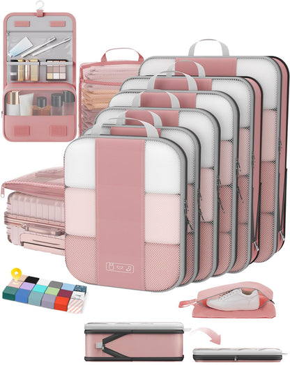OlarHike 8 Set Compression Packing Cubes for Travel Gifts Mom Women,Airplane/Car/Cruise Travel Essentials,Compressible Expandable Space Saver Bags,Garment Bags with Over 1000 pcs Mesh Holes(Beige)