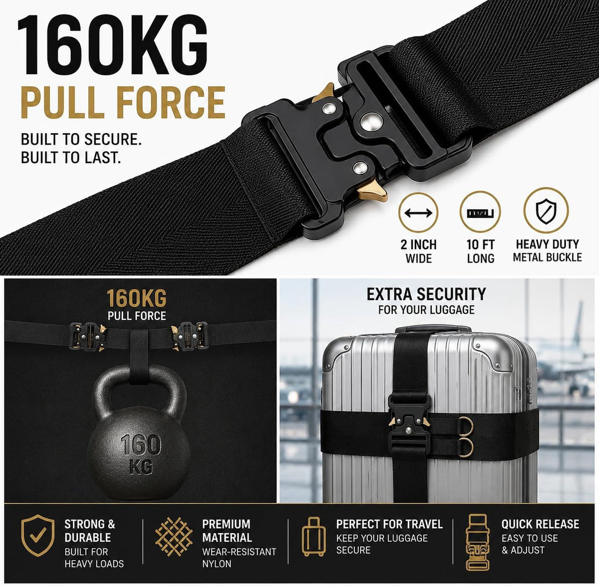 Metal Buckle Heavy Duty Luggage Straps, 2 Pack 10ft x 2in Tie Down Straps