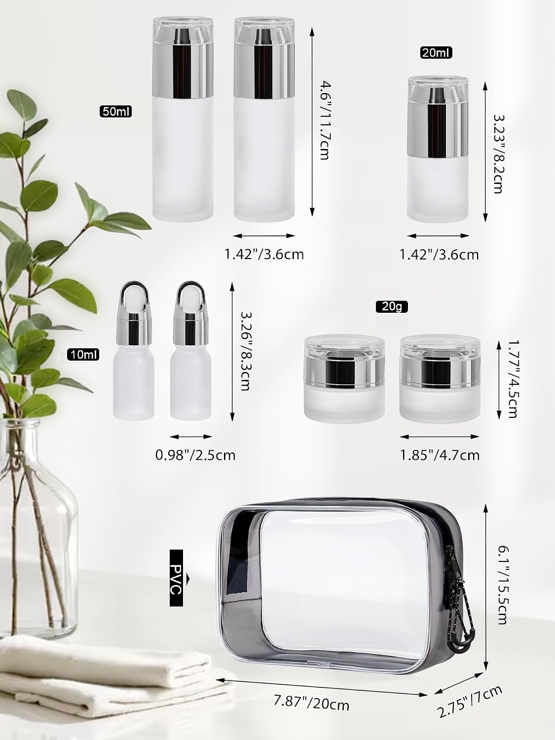 Glass Travel Bottles for Toiletries, TSA Approved, Leak Proof Refillable Travel Size Containers with Pump Spray Dropper Jars for Skincare Lotion Cream or Shampoo