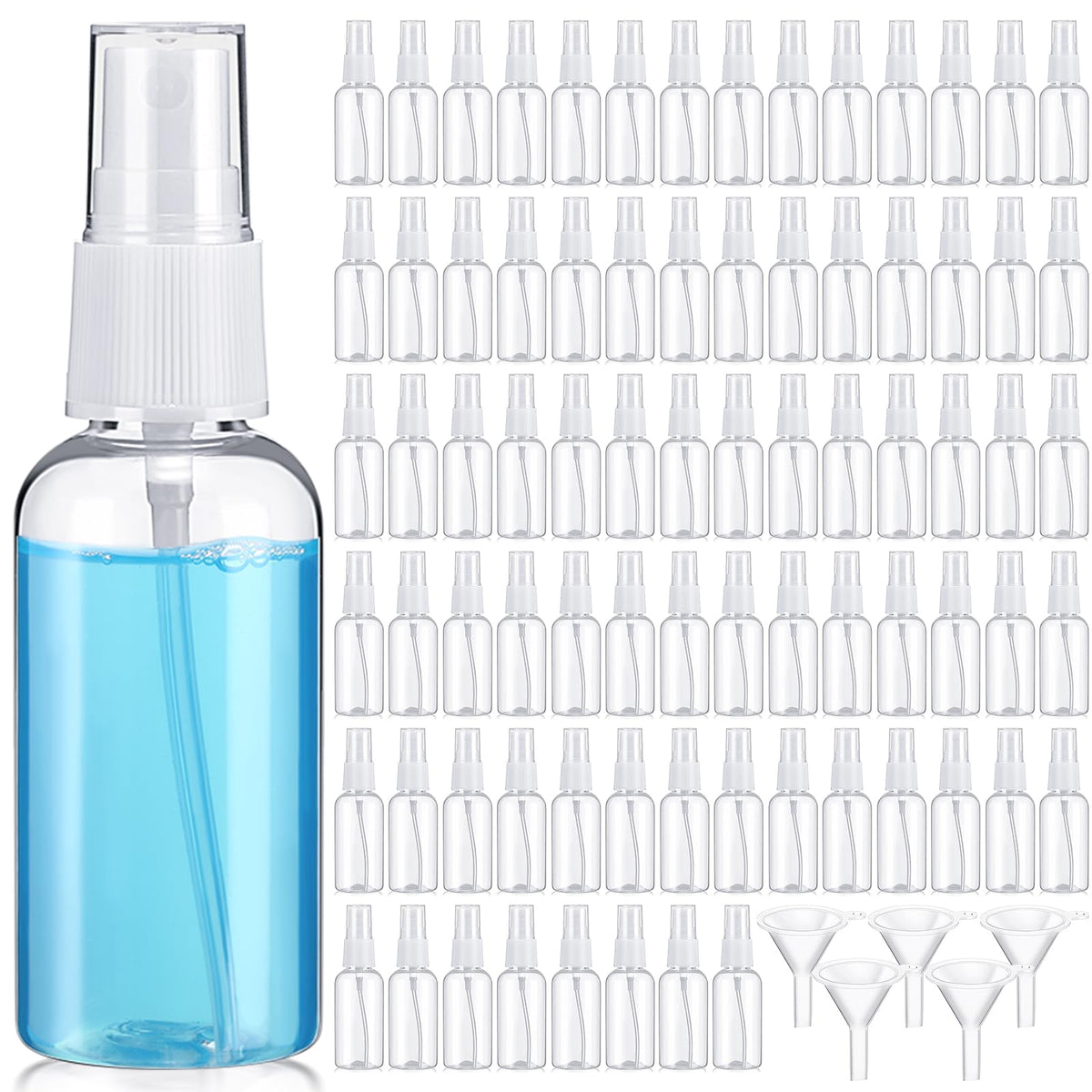 Uiifan 100 Pcs Mini Clear Spray Bottles 1 oz Small Empty Plastic Fine Mist Spray Bottles with Small Funnels for Essential Oils Travel Alcohol Perfumes