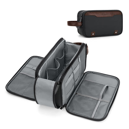 Wedama Toiletry Bag for Men, Medium Hanging Travel Toiletry Bag, Extra Electronic Organizer Bag Waterproof Travel Bag for Toiletries with PU Handle for Travel Business Trips Swim Camping, Black&Brown
