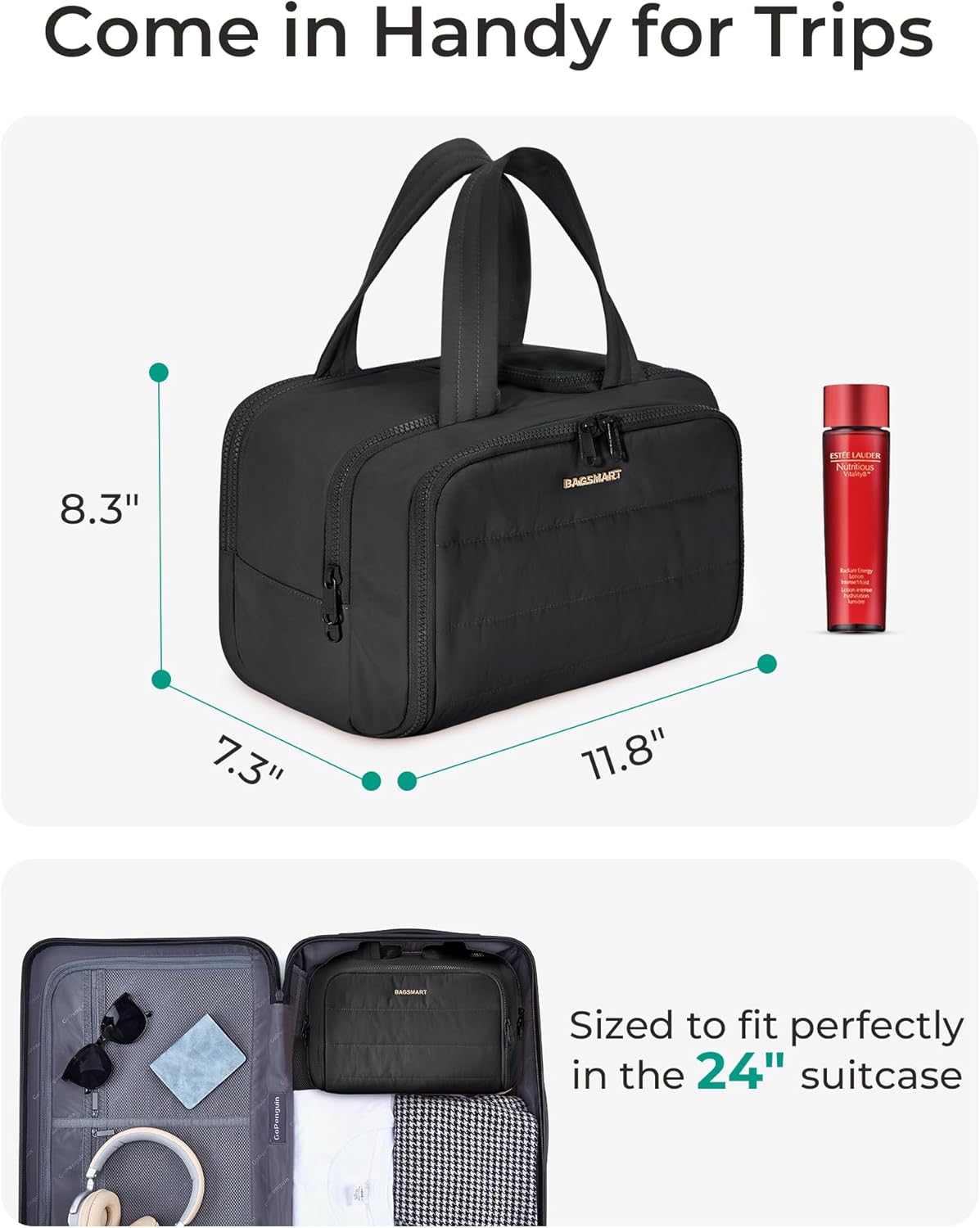 BAGSMART Travel Toiletry Bag, Lightweight Large Wide-open Travel Bag for Women, Puffy Cosmetic Makeup Bag Organizer with Handle for Accessories,Essentials, Toiletries, Black