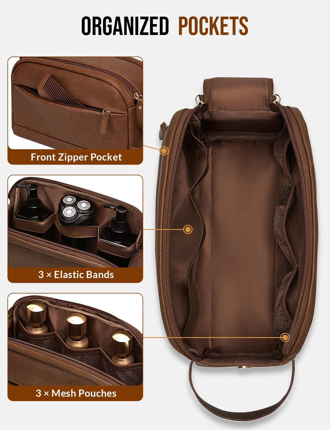 PU Leather Toiletry Bag for Men, Brown